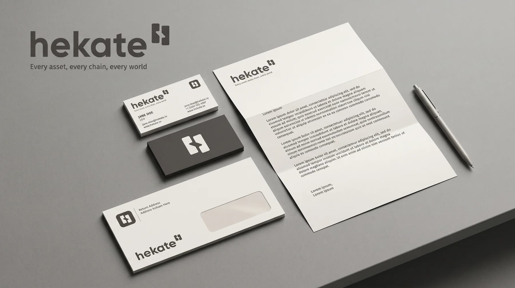 Hekate brand identity — logo, business cards, letterhead and envelope