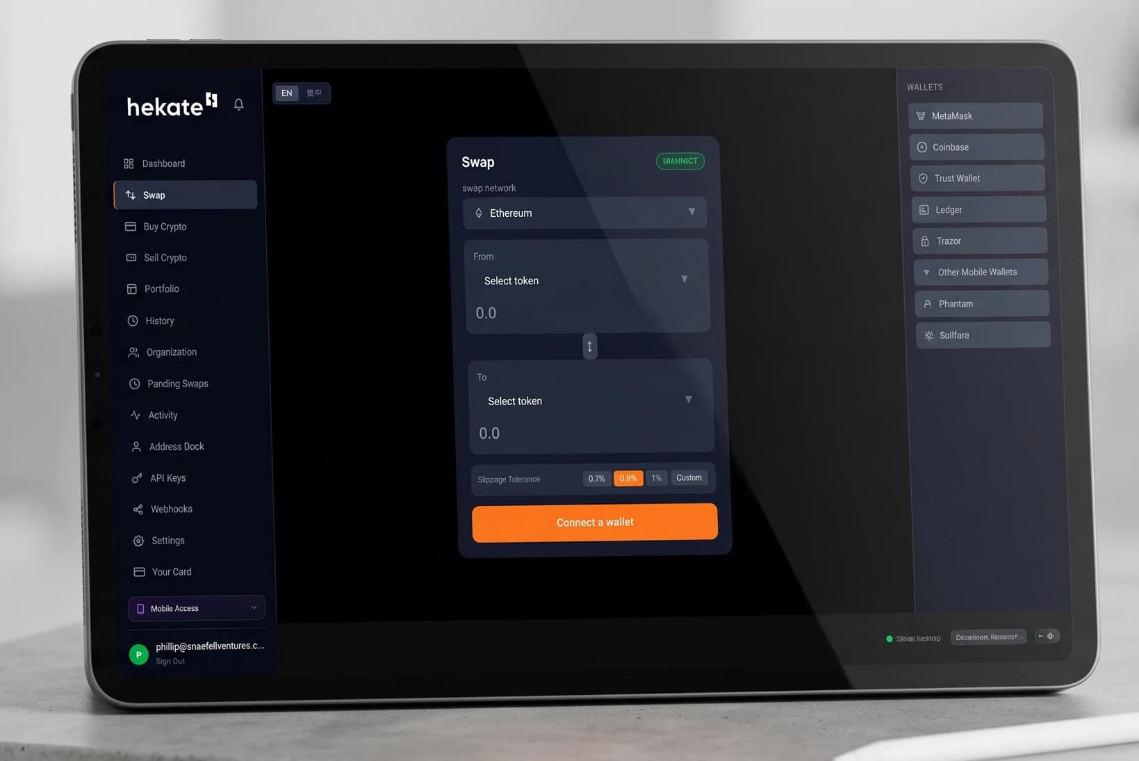 Hekate swap web app — network, token and slippage controls with wallet connection