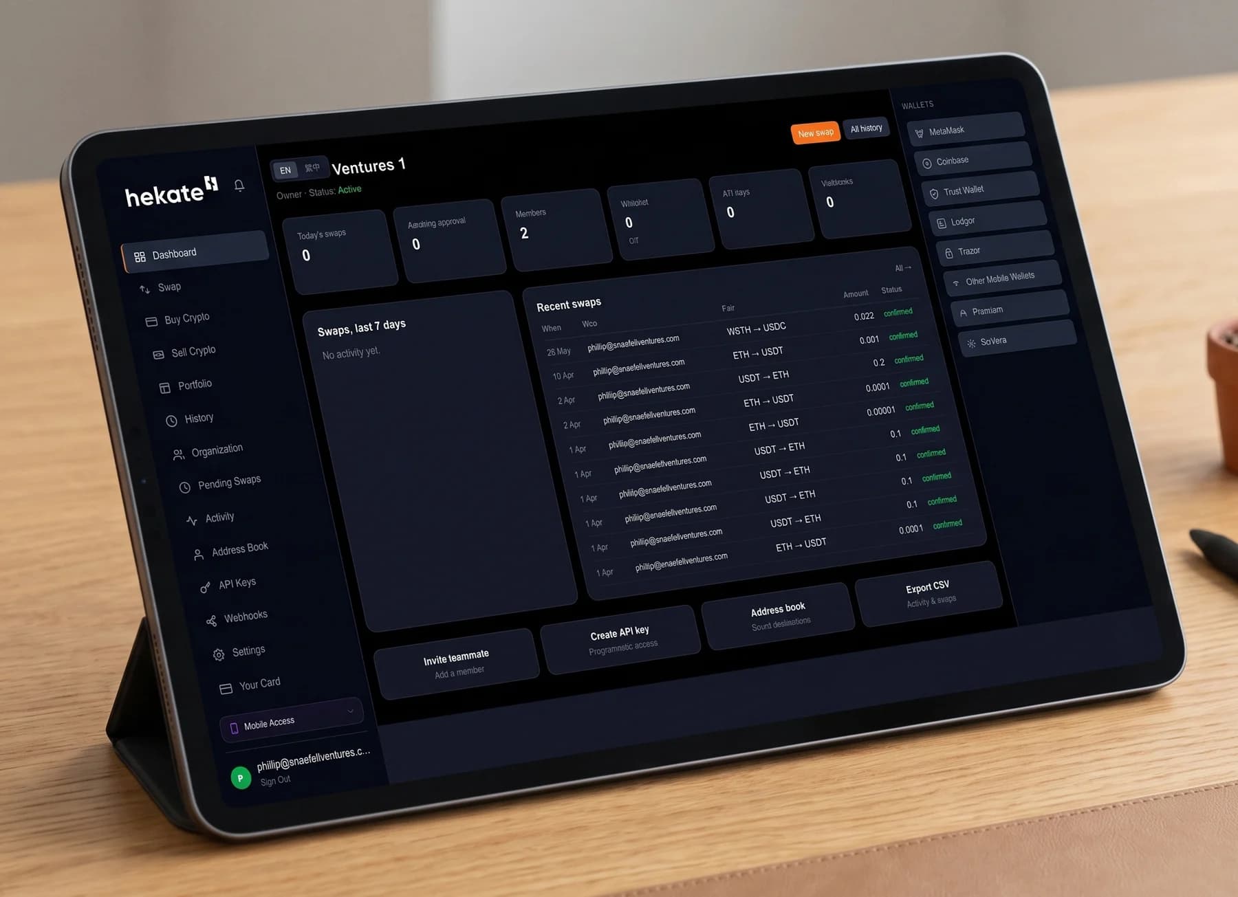 Hekate organisation dashboard — swaps, recent activity and wallets