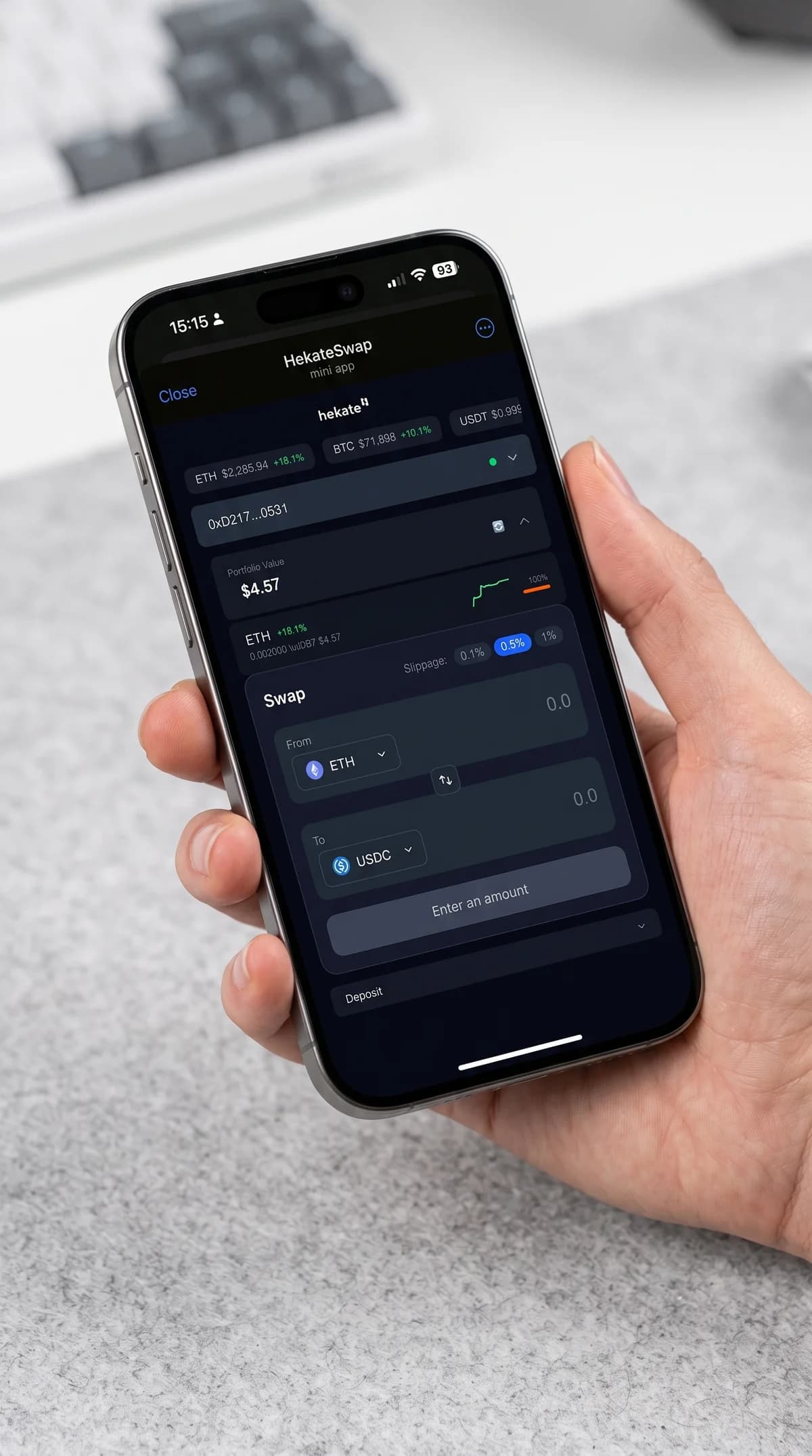 HekateSwap mini app on mobile