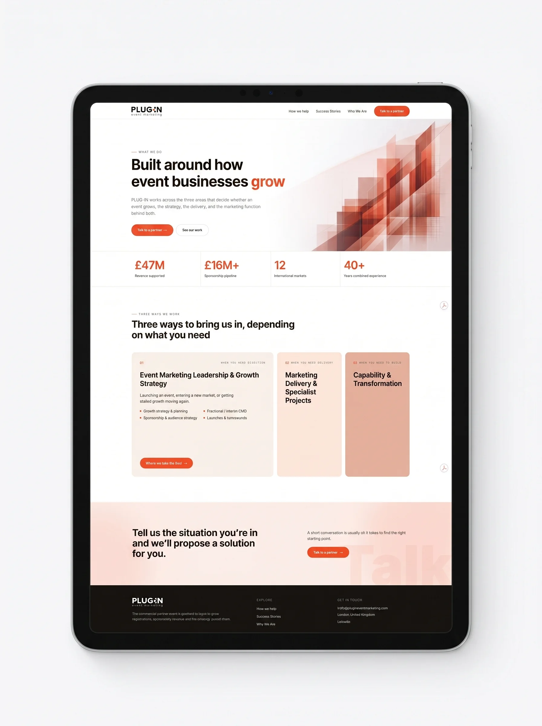 Plug-In services page — Built around how event businesses grow, on tablet