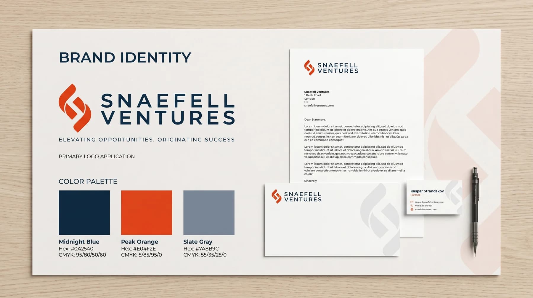 Snaefell Ventures brand identity — logo, colour palette and stationery